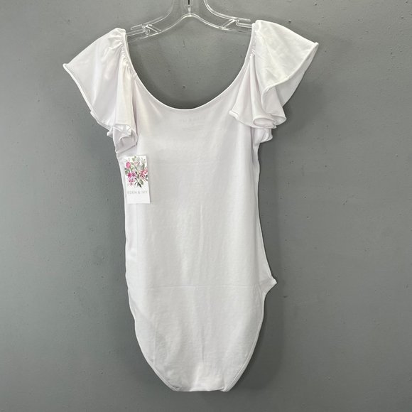 Eden & Ivy Violet Ruffle Bodysuit size XS White Flutter Sleeve HSN NWT - Picture 4 of 9
